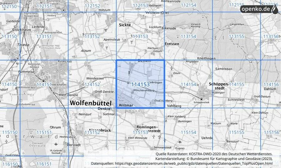 Übersichtskarte des KOSTRA-DWD-2020-Rasterfeldes Nr. 114153