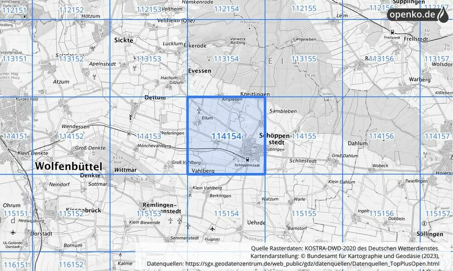 Übersichtskarte des KOSTRA-DWD-2020-Rasterfeldes Nr. 114154