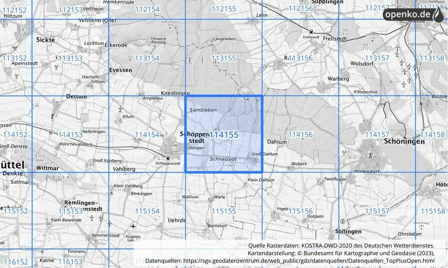 Übersichtskarte des KOSTRA-DWD-2020-Rasterfeldes Nr. 114155