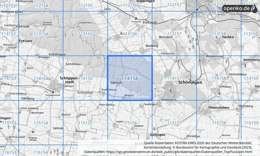 Übersichtskarte des KOSTRA-DWD-2020-Rasterfeldes Nr. 114156