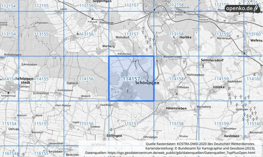 Übersichtskarte des KOSTRA-DWD-2020-Rasterfeldes Nr. 114157