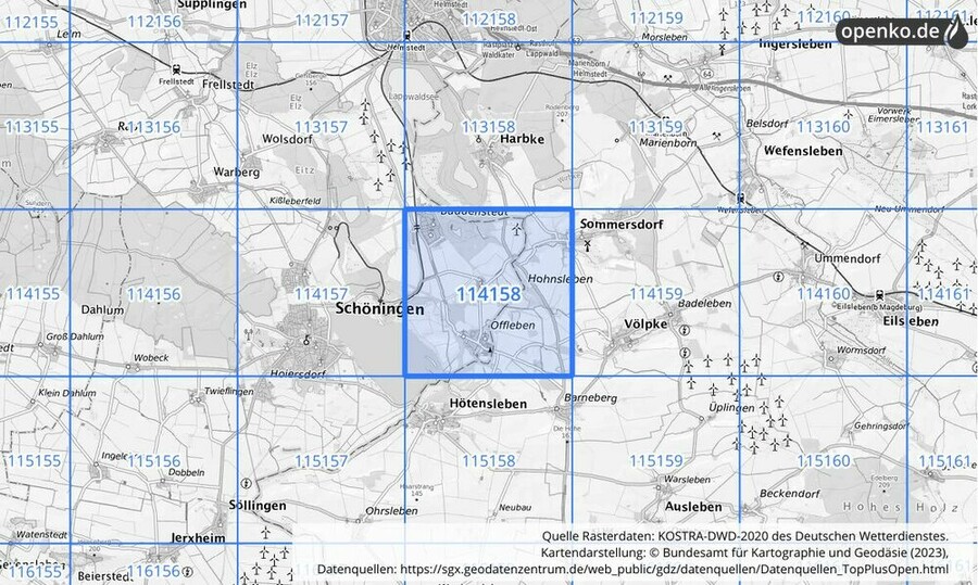 Übersichtskarte des KOSTRA-DWD-2020-Rasterfeldes Nr. 114158
