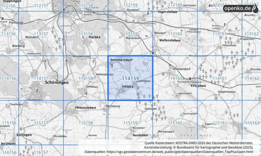Übersichtskarte des KOSTRA-DWD-2020-Rasterfeldes Nr. 114159