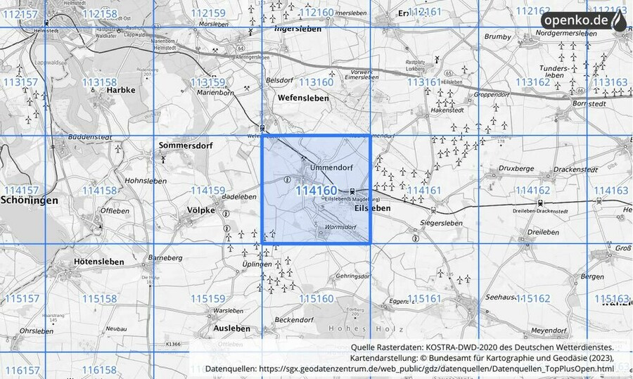 Übersichtskarte des KOSTRA-DWD-2020-Rasterfeldes Nr. 114160