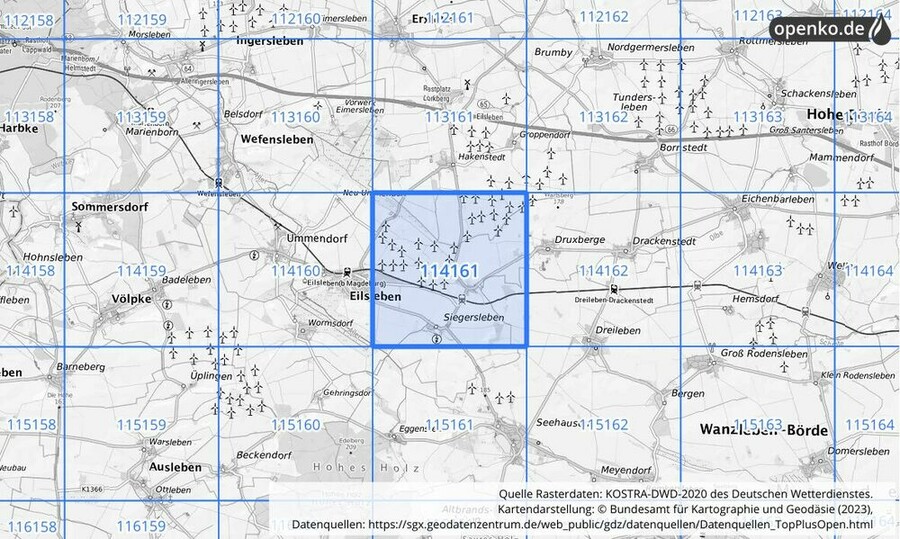 Übersichtskarte des KOSTRA-DWD-2020-Rasterfeldes Nr. 114161