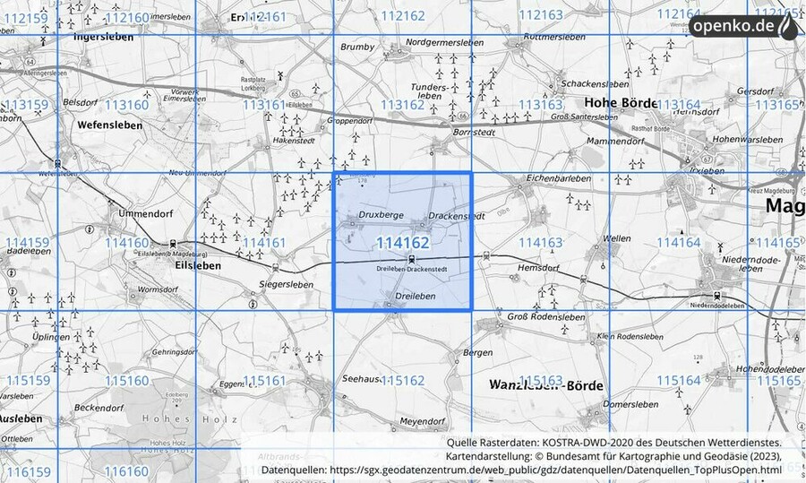 Übersichtskarte des KOSTRA-DWD-2020-Rasterfeldes Nr. 114162