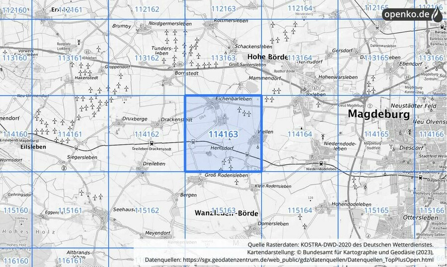 Übersichtskarte des KOSTRA-DWD-2020-Rasterfeldes Nr. 114163