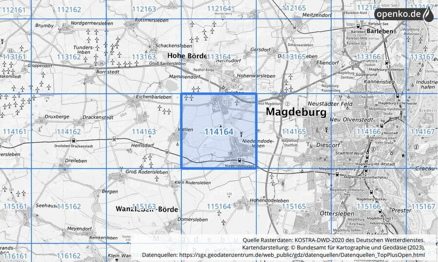 Übersichtskarte des KOSTRA-DWD-2020-Rasterfeldes Nr. 114164