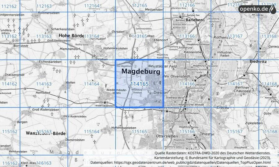 Übersichtskarte des KOSTRA-DWD-2020-Rasterfeldes Nr. 114165