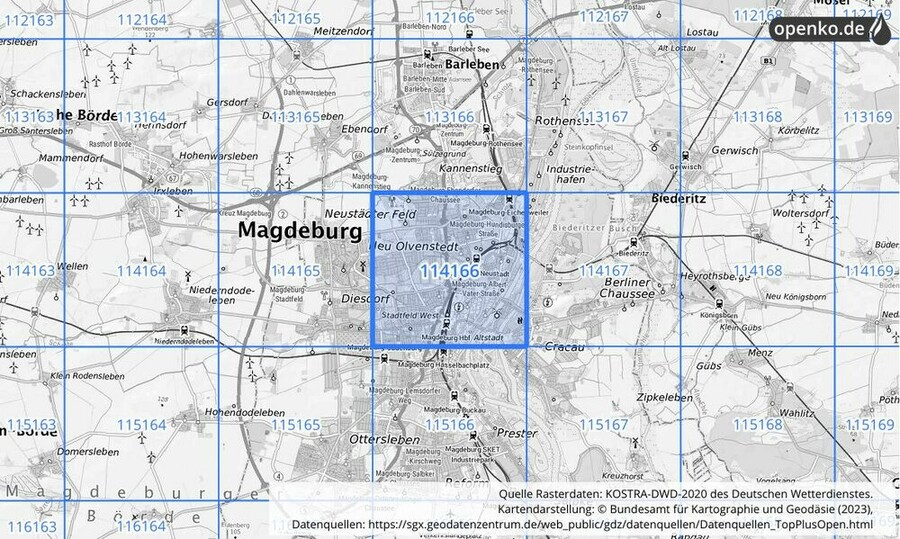 Übersichtskarte des KOSTRA-DWD-2020-Rasterfeldes Nr. 114166
