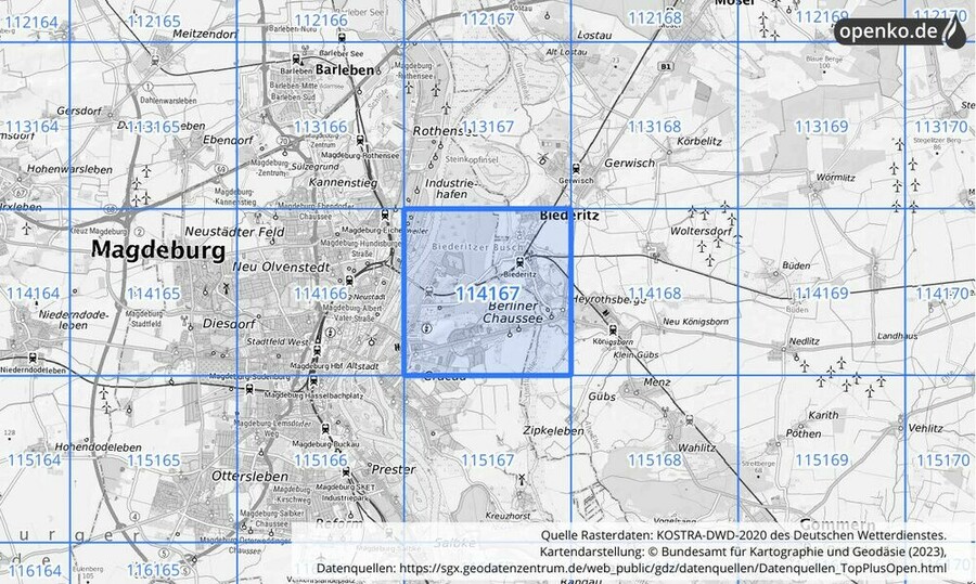 Übersichtskarte des KOSTRA-DWD-2020-Rasterfeldes Nr. 114167