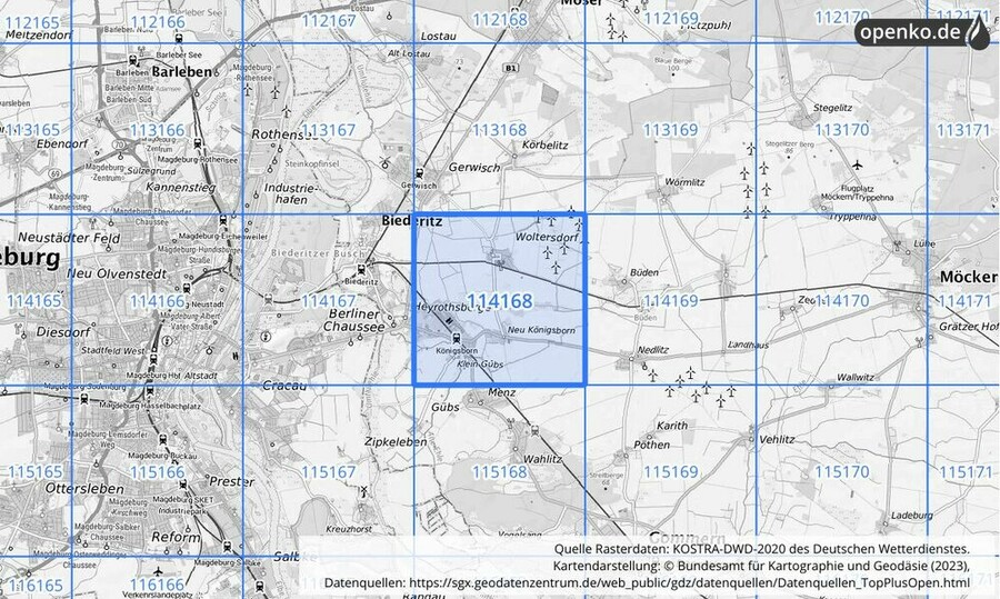 Übersichtskarte des KOSTRA-DWD-2020-Rasterfeldes Nr. 114168