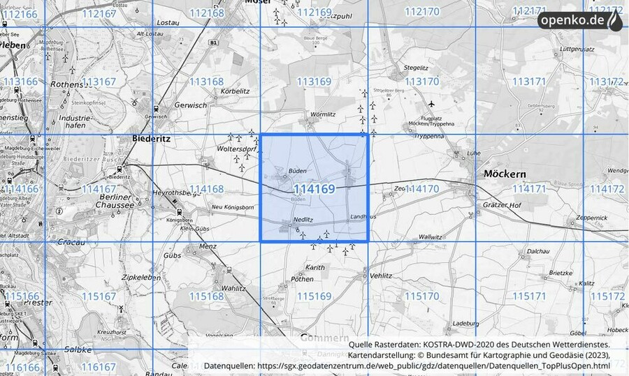 Übersichtskarte des KOSTRA-DWD-2020-Rasterfeldes Nr. 114169