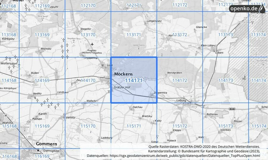 Übersichtskarte des KOSTRA-DWD-2020-Rasterfeldes Nr. 114171