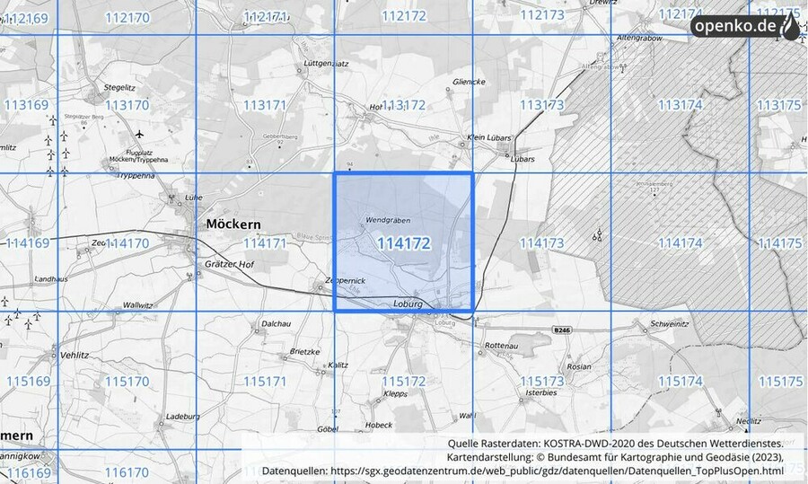 Übersichtskarte des KOSTRA-DWD-2020-Rasterfeldes Nr. 114172