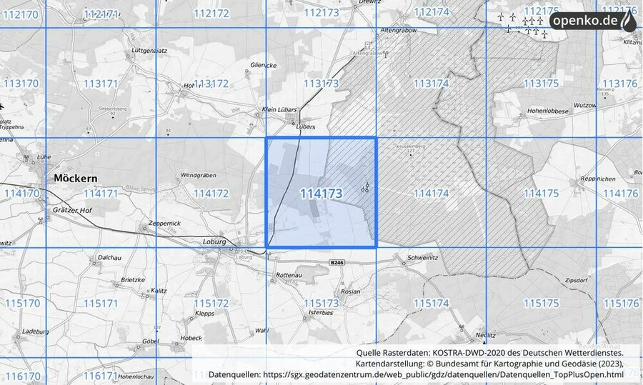 Übersichtskarte des KOSTRA-DWD-2020-Rasterfeldes Nr. 114173