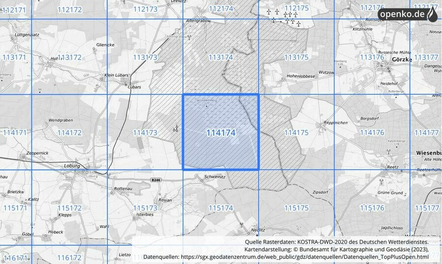 Übersichtskarte des KOSTRA-DWD-2020-Rasterfeldes Nr. 114174