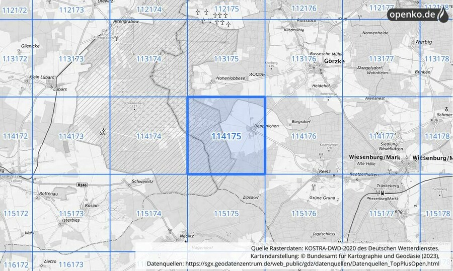 Übersichtskarte des KOSTRA-DWD-2020-Rasterfeldes Nr. 114175