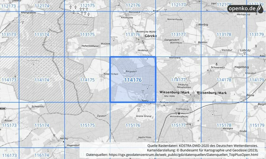 Übersichtskarte des KOSTRA-DWD-2020-Rasterfeldes Nr. 114176