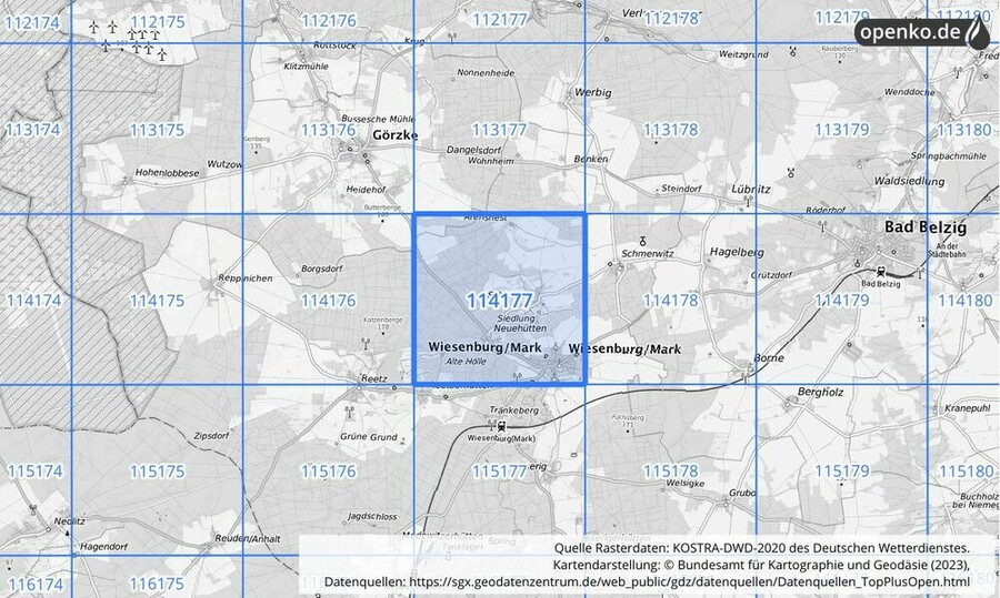 Übersichtskarte des KOSTRA-DWD-2020-Rasterfeldes Nr. 114177