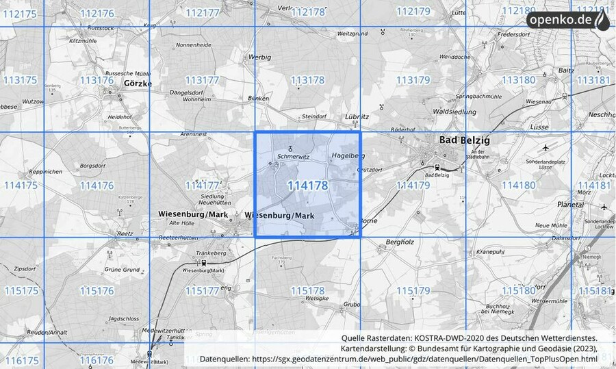 Übersichtskarte des KOSTRA-DWD-2020-Rasterfeldes Nr. 114178