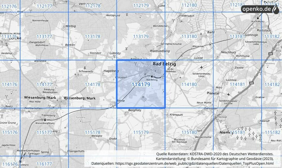 Übersichtskarte des KOSTRA-DWD-2020-Rasterfeldes Nr. 114179