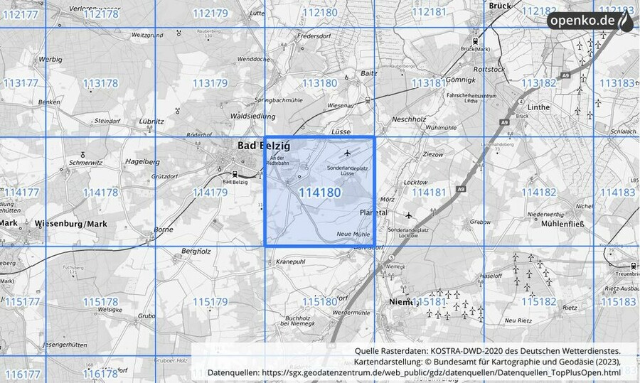 Übersichtskarte des KOSTRA-DWD-2020-Rasterfeldes Nr. 114180