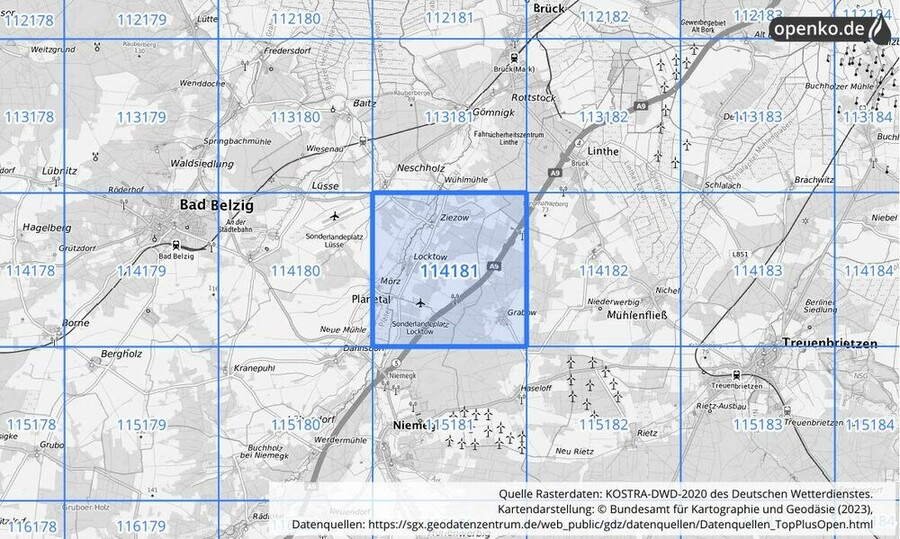 Übersichtskarte des KOSTRA-DWD-2020-Rasterfeldes Nr. 114181