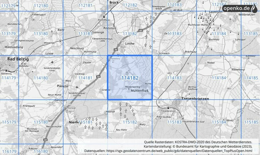 Übersichtskarte des KOSTRA-DWD-2020-Rasterfeldes Nr. 114182