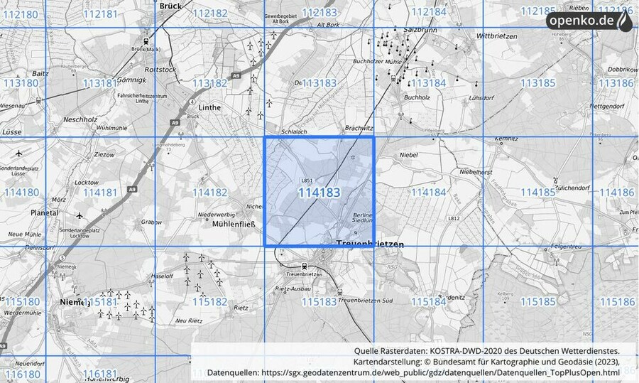 Übersichtskarte des KOSTRA-DWD-2020-Rasterfeldes Nr. 114183