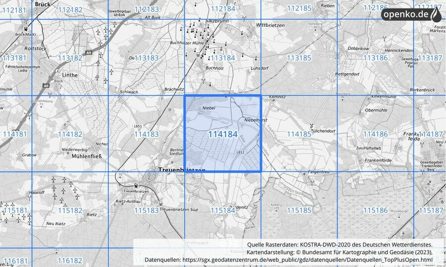 Übersichtskarte des KOSTRA-DWD-2020-Rasterfeldes Nr. 114184