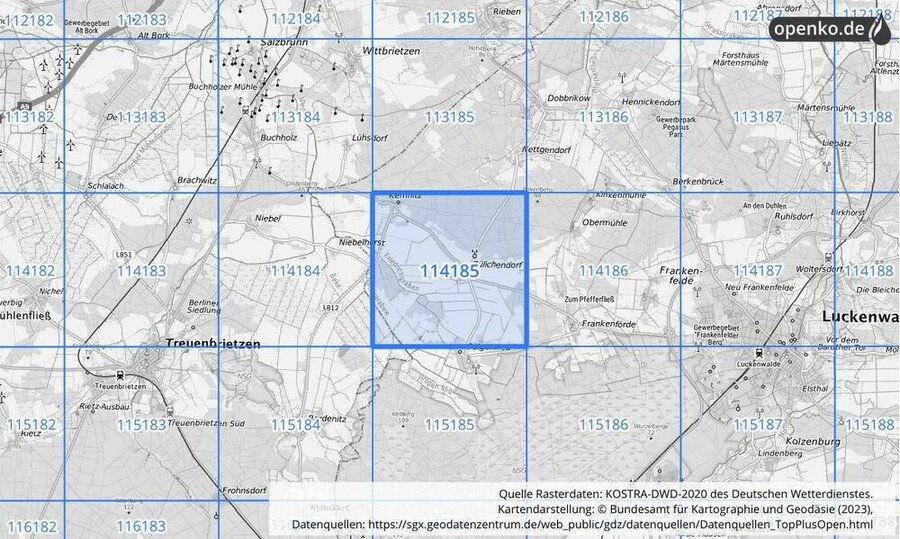 Übersichtskarte des KOSTRA-DWD-2020-Rasterfeldes Nr. 114185