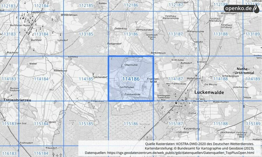 Übersichtskarte des KOSTRA-DWD-2020-Rasterfeldes Nr. 114186