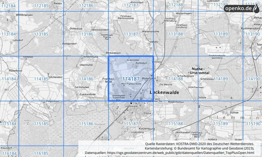 Übersichtskarte des KOSTRA-DWD-2020-Rasterfeldes Nr. 114187