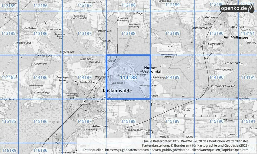 Übersichtskarte des KOSTRA-DWD-2020-Rasterfeldes Nr. 114188
