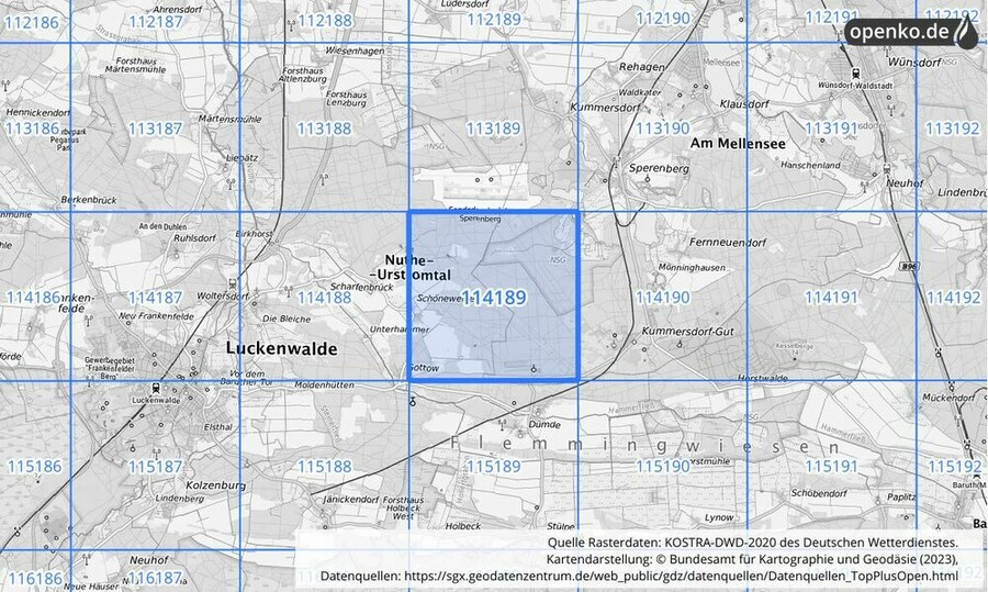 Übersichtskarte des KOSTRA-DWD-2020-Rasterfeldes Nr. 114189