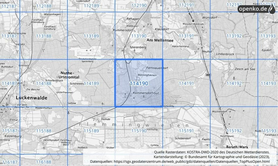 Übersichtskarte des KOSTRA-DWD-2020-Rasterfeldes Nr. 114190