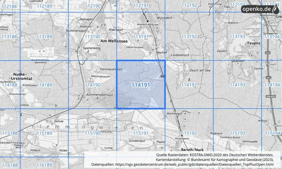 Übersichtskarte des KOSTRA-DWD-2020-Rasterfeldes Nr. 114191