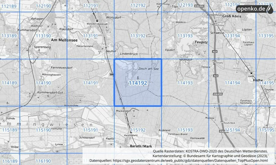 Übersichtskarte des KOSTRA-DWD-2020-Rasterfeldes Nr. 114192