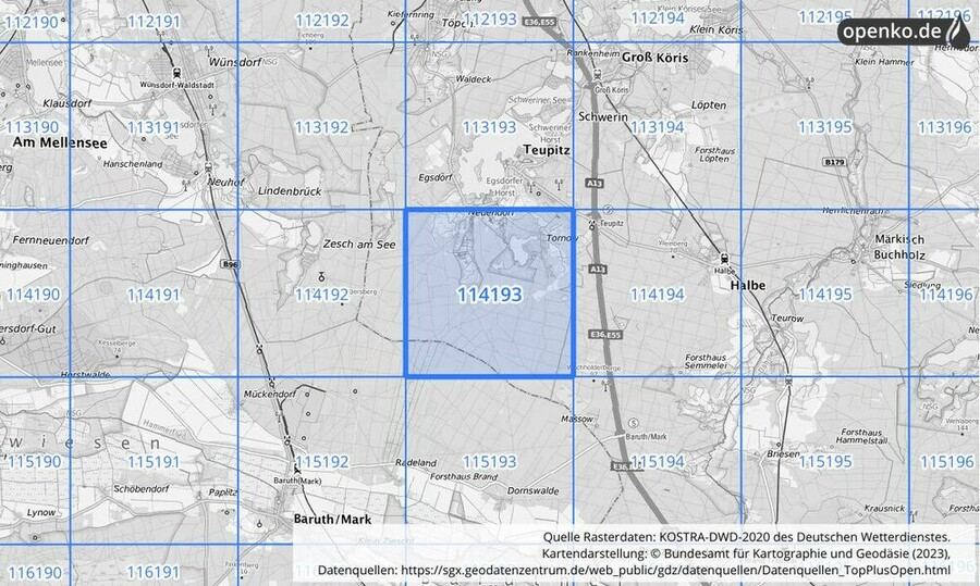Übersichtskarte des KOSTRA-DWD-2020-Rasterfeldes Nr. 114193