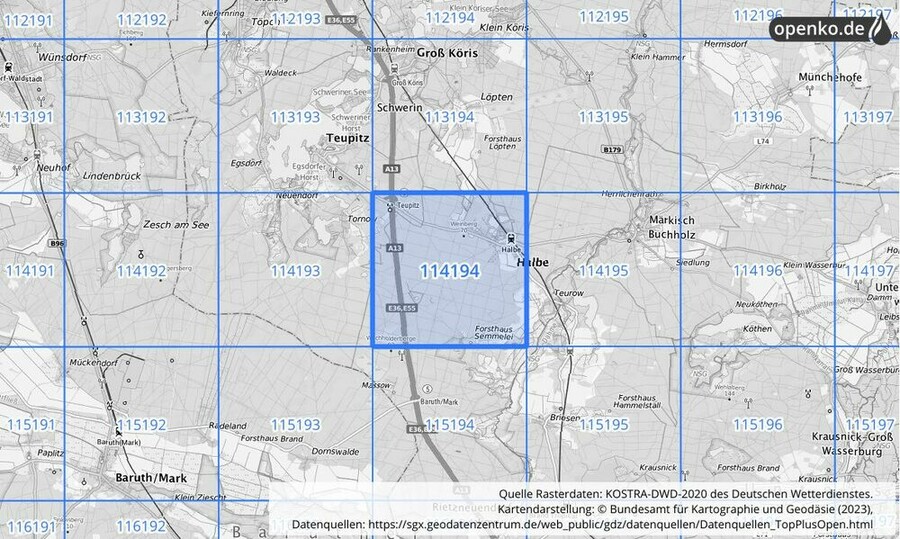Übersichtskarte des KOSTRA-DWD-2020-Rasterfeldes Nr. 114194