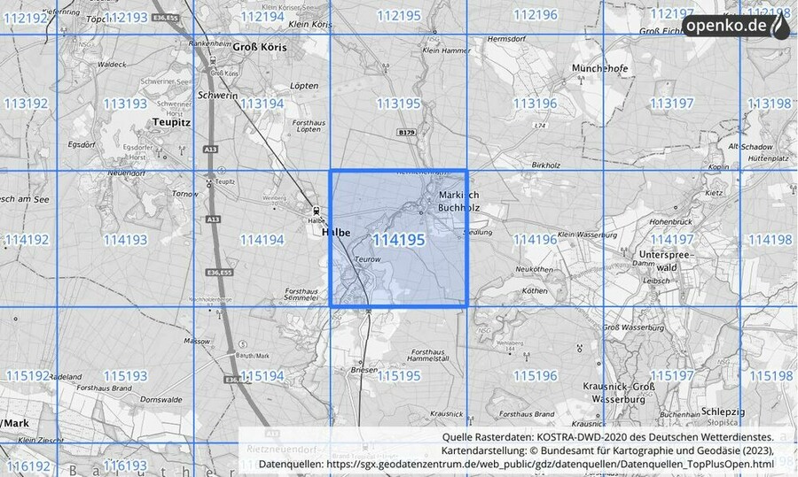 Übersichtskarte des KOSTRA-DWD-2020-Rasterfeldes Nr. 114195