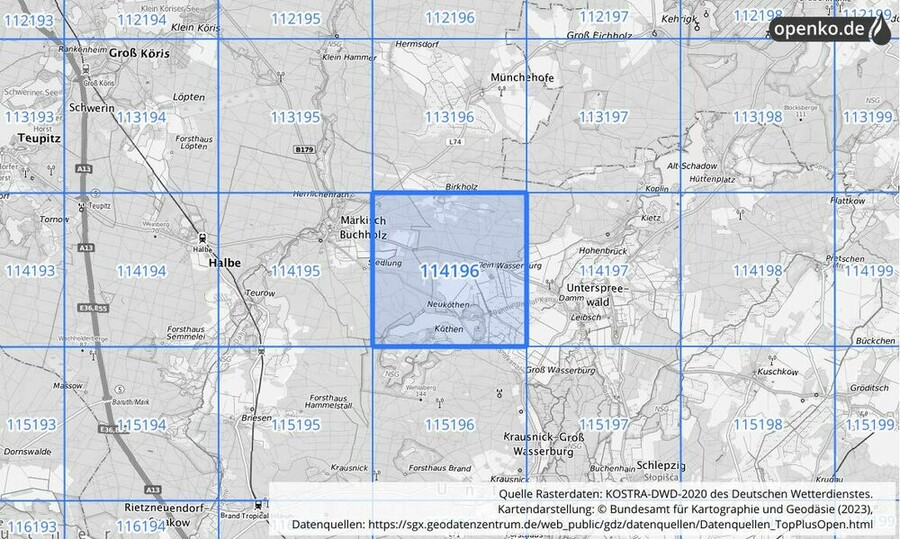 Übersichtskarte des KOSTRA-DWD-2020-Rasterfeldes Nr. 114196