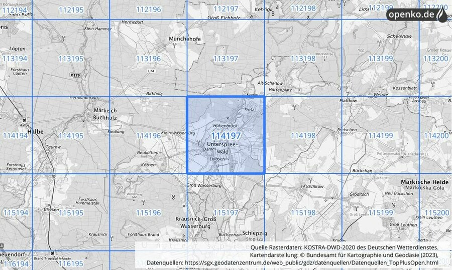 Übersichtskarte des KOSTRA-DWD-2020-Rasterfeldes Nr. 114197