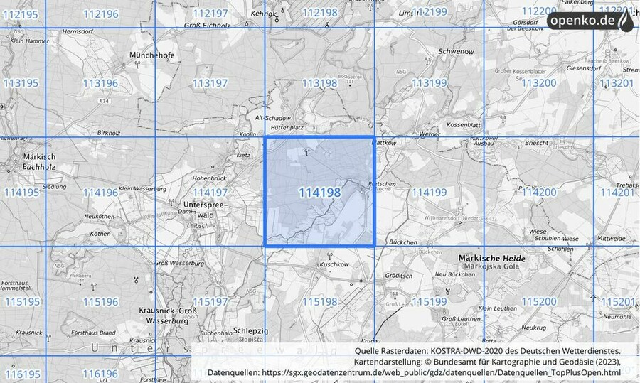 Übersichtskarte des KOSTRA-DWD-2020-Rasterfeldes Nr. 114198