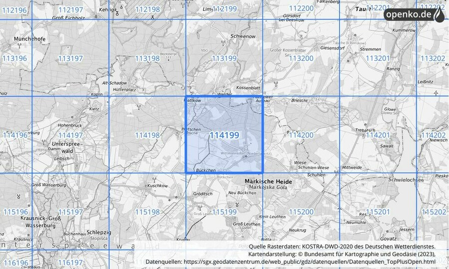 Übersichtskarte des KOSTRA-DWD-2020-Rasterfeldes Nr. 114199