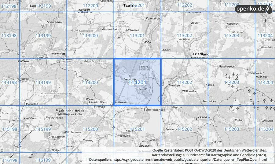 Übersichtskarte des KOSTRA-DWD-2020-Rasterfeldes Nr. 114201