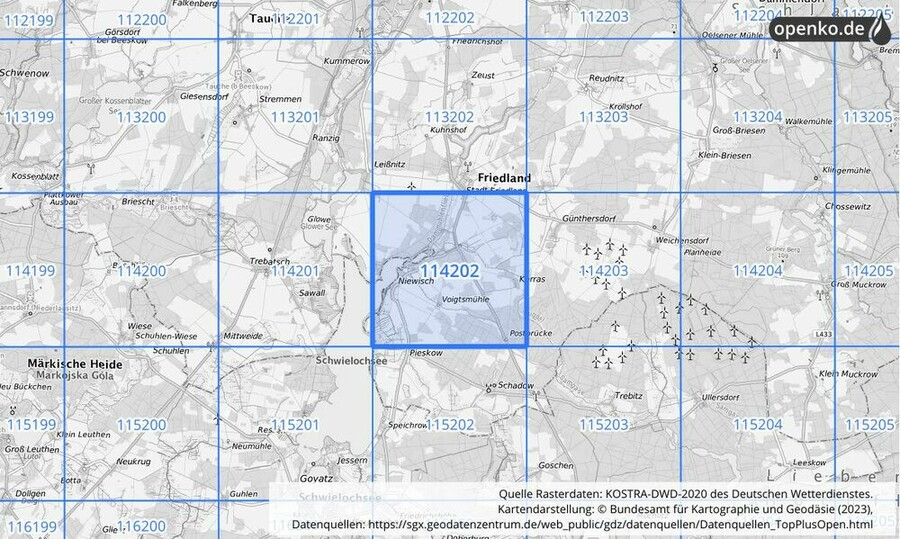 Übersichtskarte des KOSTRA-DWD-2020-Rasterfeldes Nr. 114202