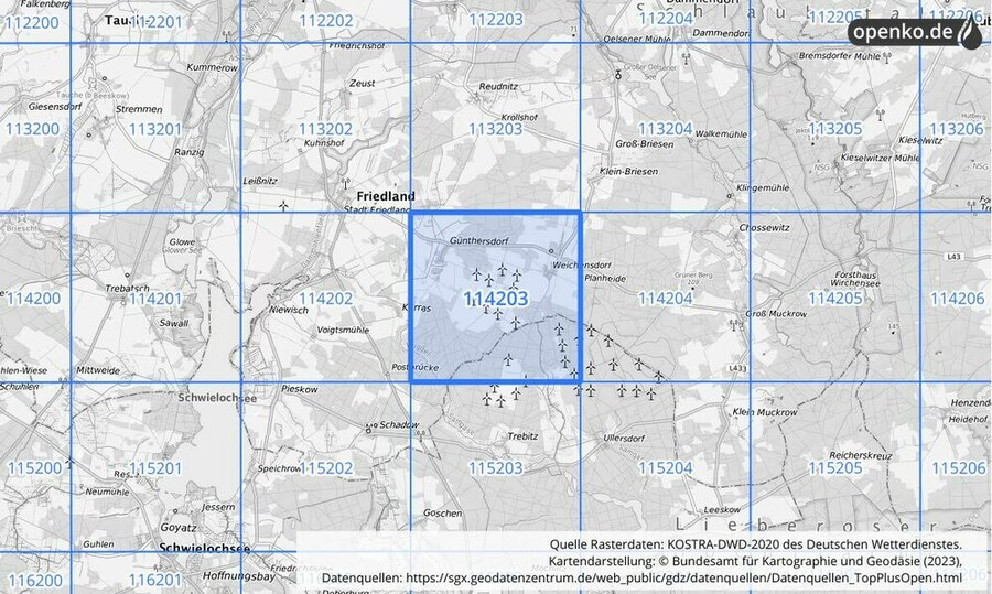 Übersichtskarte des KOSTRA-DWD-2020-Rasterfeldes Nr. 114203