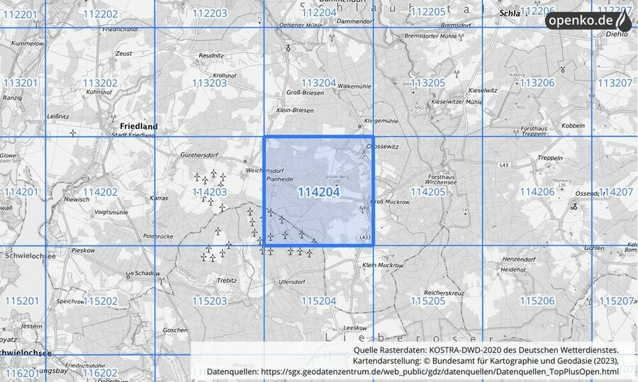 Übersichtskarte des KOSTRA-DWD-2020-Rasterfeldes Nr. 114204